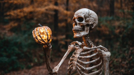A skeleton stands in an autumn forest, holding a glowing pumpkin, embodying the Halloween spirit with an eerie and captivating atmosphere.の素材