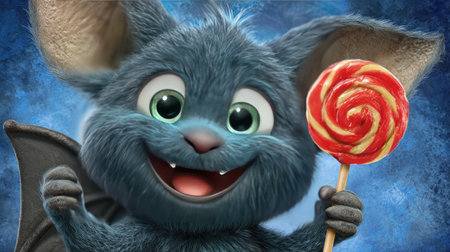 A delightful cartoon bat character joyfully holding a colorful lollipop against a vibrant backdrop. This whimsical illustration captures fun and innocence, perfect for kids' themes.の素材