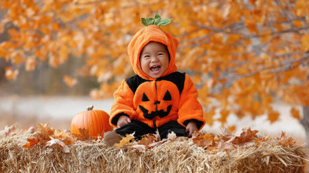 A joyful child dressed in a vibrant pumpkin costume sits on a hay bale, surrounded by autumn leaves, capturing the essence of the fall season and festive spirit.の素材