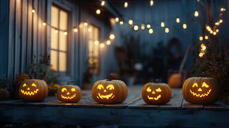 A charming Halloween night scene featuring cheerful jack-o'-lanterns on a wooden deck, illuminated by warm lights, creating a cozy and festive atmosphere.の素材