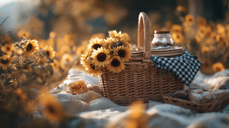 A charming picnic setup featuring a wicker basket overflowing with bright sunflowers, set against a golden field during sunset, exuding warmth and tranquility.の素材