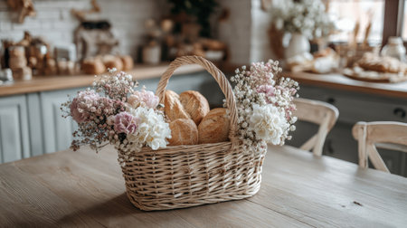 A charming wicker basket brimming with freshly baked bread and beautiful flowers creates a warm and inviting atmosphere in a cozy kitchen.の素材