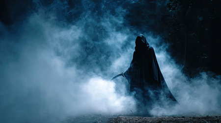 A mysterious cloaked figure stands in a dark forest shrouded in fog, creating an eerie and atmospheric scene that evokes feelings of suspense and intrigue.の素材