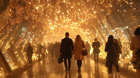 A charming couple strolls hand in hand through a beautifully illuminated tunnel adorned with twinkling lights and delicate flowers, creating a magical ambiance.の素材