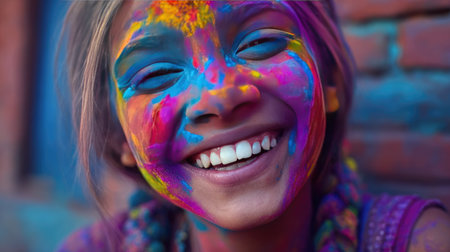 A joyful girl with a colorful face painted in bright hues is smiling widely, embodying the spirit of celebration and pure happiness during a festive event.の素材