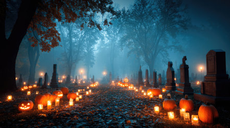 A mystical Halloween scene unfolds in a foggy graveyard, where eerie jack-o'-lanterns illuminate the path, accompanied by flickering candles that enhance the haunting atmosphere.の素材