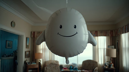 A delightful smiling balloon character floats in a cozy living room, evoking feelings of warmth and happiness with its playful charm and inviting atmosphere.の素材