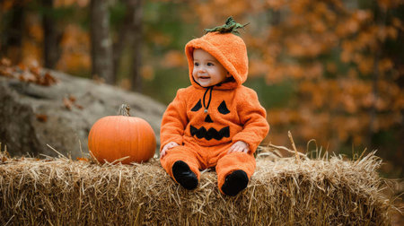 A charming baby dressed in a pumpkin-themed outfit sits happily on a haystack beside a pumpkin, surrounded by autumn foliage. The scene captures the essence of seasonal joy and celebration.の素材