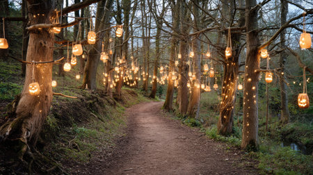 A tranquil forest pathway lined with glowing lanterns creates an enchanting atmosphere. Soft evening light filters through the trees, enhancing the magical ambiance.の素材