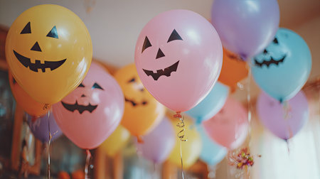 A vibrant scene featuring colorful balloons with jack-o'-lantern faces, adding a joyful touch to any Halloween celebration. Perfect for party decorations.の素材