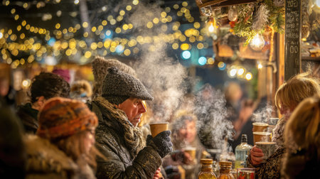 A vibrant winter market scene filled with people wrapped in warm clothing, sipping hot beverages amidst twinkling lights and festive decorations.の素材