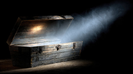 A captivating image of a wooden treasure chest slightly open, illuminated by a soft light beam while smoke wafts around it, creating a mysterious atmosphere.の素材