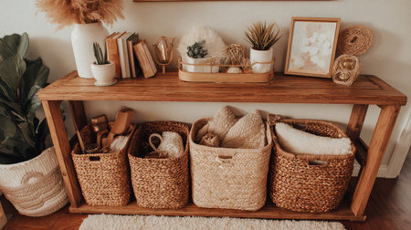 A beautifully arranged wooden shelf showcasing rattan baskets filled with soft blankets and decorative items, complemented by plants and books for a cozy home atmosphere.の素材