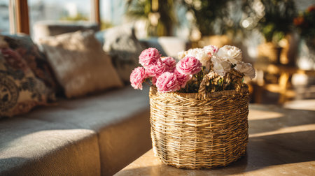 A beautiful arrangement of pink and white roses is placed in a woven basket, creating a warm and inviting atmosphere in a cozy living room space.の素材