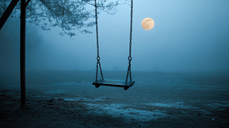 A tranquil scene featuring a solitary swing beneath a glowing moon in a foggy landscape, creating an ethereal ambiance perfect for reflection and calm.の素材