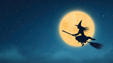 A captivating silhouette of a witch soaring on her broom through a starry night sky, illuminated by a radiant full moon, evoking magic and mystery.の素材