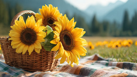 A lovely arrangement of vibrant sunflowers in a wicker basket rests on a checkered picnic blanket, surrounded by a serene meadow and majestic mountains.の素材