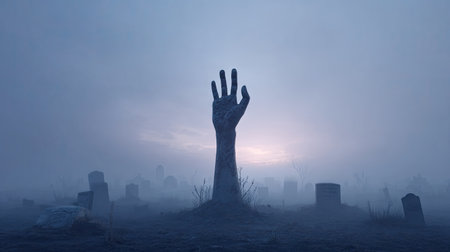 This haunting image features a ghostly hand rising from a graveyard, enveloped in fog, creating a mysterious atmosphere. The scene emits a sense of unease and intrigue.の素材