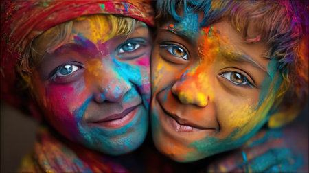This vibrant image captures two joyful children embracing each other, their faces adorned with colorful powder from the Holi festival, symbolizing friendship and happiness.の素材