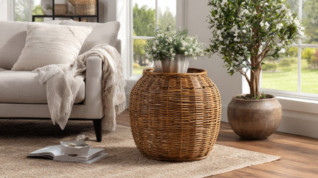 Bright and inviting living room featuring a wicker basket with plants and a cozy sofa. Natural lighting enhances the soothing decor and warm ambiance.の素材