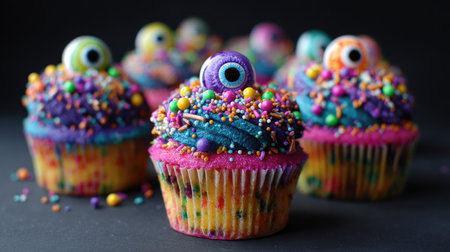 Bright, whimsical monster cupcakes adorned with colorful sprinkles and edible eyes, perfect for parties and festive celebrations. Ideal for Halloween, birthdays, and any fun gathering.の素材