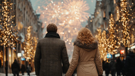 A romantic scene of a couple holding hands, surrounded by twinkling lights and vibrant fireworks overhead, capturing the essence of winter celebrations.の素材