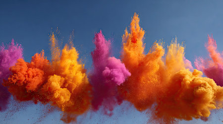 A stunning display of colorful powder explosion featuring vibrant shades of pink, orange, and purple against a clear blue sky, capturing joy and creativity.の素材