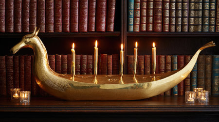 This exquisite Viking ship candle holder features five flickering candles, adding charm and warmth to any bookshelf or living space, perfect for creating ambiance.の素材