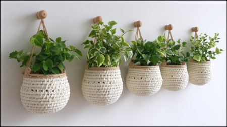 This image depicts a beautiful arrangement of hanging planters filled with lush green plants, perfect for enhancing any home interior with a natural vibe.の素材