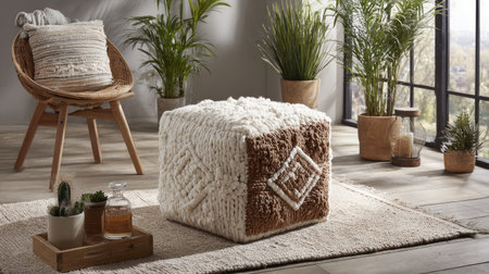 A stylish living room scene features a cozy textile cube ottoman next to a modern chair and thriving indoor plants, bathed in warm natural light.の素材