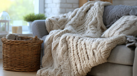 A serene living room scene featuring a soft knitted blanket draped over a sofa, paired with a wicker basket. Natural light filters through a window, enhancing the cozy ambiance.の素材