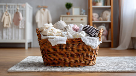A beautifully arranged wicker basket overflowing with soft baby clothes creates a warm and inviting atmosphere in a cozy nursery. The gentle textures and soft colors enhance the serene setting, perfect for a child's room.の素材