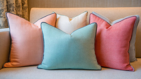 A beautiful arrangement of colorful decorative pillows on a soft beige sofa, enhancing the cozy ambiance of any living space with stylish and inviting decor.の素材