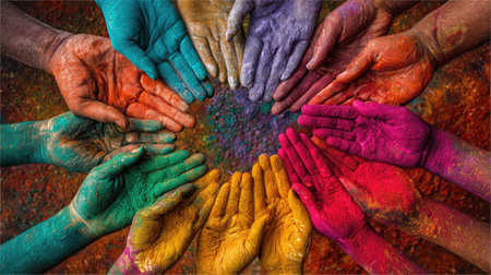 A captivating display of hands adorned with vibrant powdered pigments forms a circle, symbolizing unity and joy in a colorful celebration.の素材