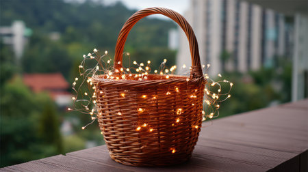 A charming woven basket filled with warm fairy lights creates a magical ambiance in a serene outdoor setting, perfect for any decorative purpose.の素材