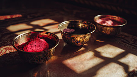 Three ornate bowls filled with vibrant colored powder cast beautiful shadows on a rustic table, showcasing intricate patterns and dramatic lighting.の素材
