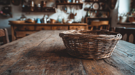A rustic wooden table features a simple woven basket, embodying a cozy vintage kitchen atmosphere perfect for family gatherings and home cooking.の素材
