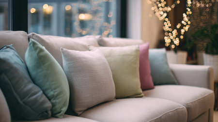 A cozy living room featuring a soft sofa adorned with colorful cushions. The scene is enhanced by warm lighting, creating an inviting atmosphere perfect for relaxation.の素材
