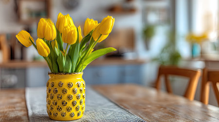 A beautiful arrangement of fresh yellow tulips in a bright yellow vase sitting on a rustic wooden table, creating a cheerful and inviting atmosphere in a modern kitchen.の素材