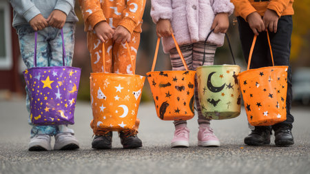 A vibrant scene capturing children holding colorful Halloween buckets, showcasing the spirit of the holiday with joy and excitement during the fall season.の素材