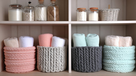 This image showcases a set of beautifully woven storage baskets filled with soft towels, arranged on a stylish shelving unit, enhancing any bathroom's cozy atmosphere.の素材