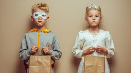 A boy in a superhero costume and a girl dressed as a princess stand together, each holding a treat bag, embodying childhood joy and creativity.の素材
