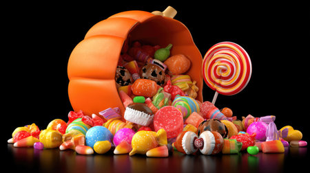 A vibrant display of assorted Halloween candies spilling from a pumpkin container, featuring lollipops, gummies, and treats perfect for festive celebrations.の素材
