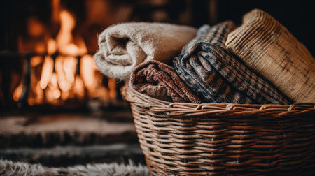A warm and inviting basket filled with cozy blankets sits by a beautifully crackling fireplace, creating a perfect atmosphere for relaxation during cooler seasons.の素材