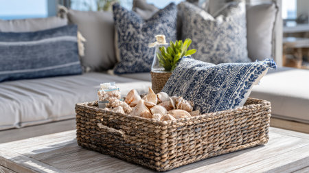 A charming coastal living space featuring a woven basket filled with seashells, decorative pillows, and a bottle. Soft natural textures create a warm atmosphere.の素材