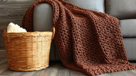 A cozy brown knit throw blanket elegantly drapes over a sofa in a modern living room. A woven basket nearby holds additional throws, enhancing the inviting atmosphere.の素材