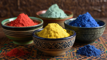 A captivating arrangement of vibrant natural pigments in traditional bowls, showcasing rich colors and textures on a patterned surface. Perfect for artistic themes.の素材