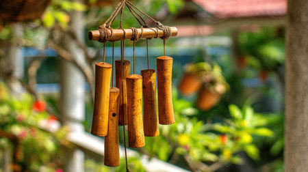 A beautifully crafted bamboo wind chime hanging in a garden, illuminated by sunlight. This image captures the essence of outdoor relaxation and tranquility, perfect for nature lovers and decor enthusiasts.の素材