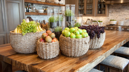 A beautiful display of fresh fruit and greenery in woven baskets on a rustic kitchen table, creating an inviting and stylish atmosphere perfect for any home.の素材