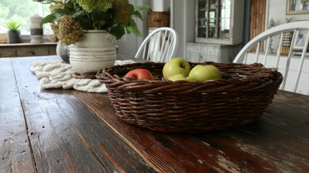 A woven basket filled with fresh apples is elegantly placed on a rustic wooden table, complemented by surrounding greenery and home decor.の素材